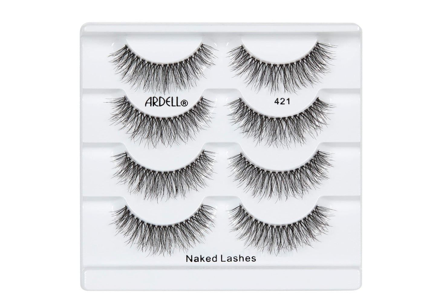 4 pairs of Ardell Naked Lash 421 faux lashes in inner multipack packaging labeled "Ardell", "421", & "Naked Lashes"