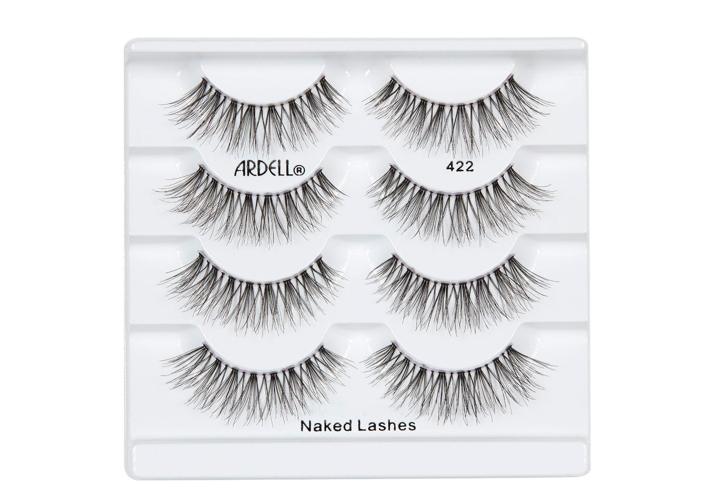 4 pairs of Ardell Naked Lash 422 faux lashes in inner multipack packaging labelled "Ardell", "422", & "Naked Lashes"