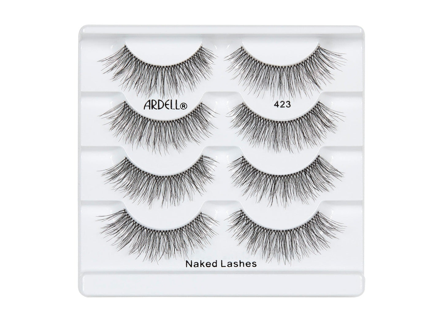 4 pairs of Ardell Naked Lash 423 faux lashes in inner multipack packaging labeled "Ardell", "423", & "Naked Lashes"