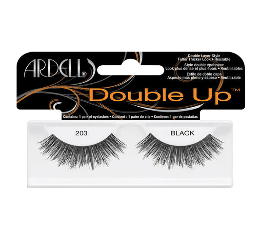A single pair of Ardell Double Up Lash 203 inside its retail packaging with some text written on it