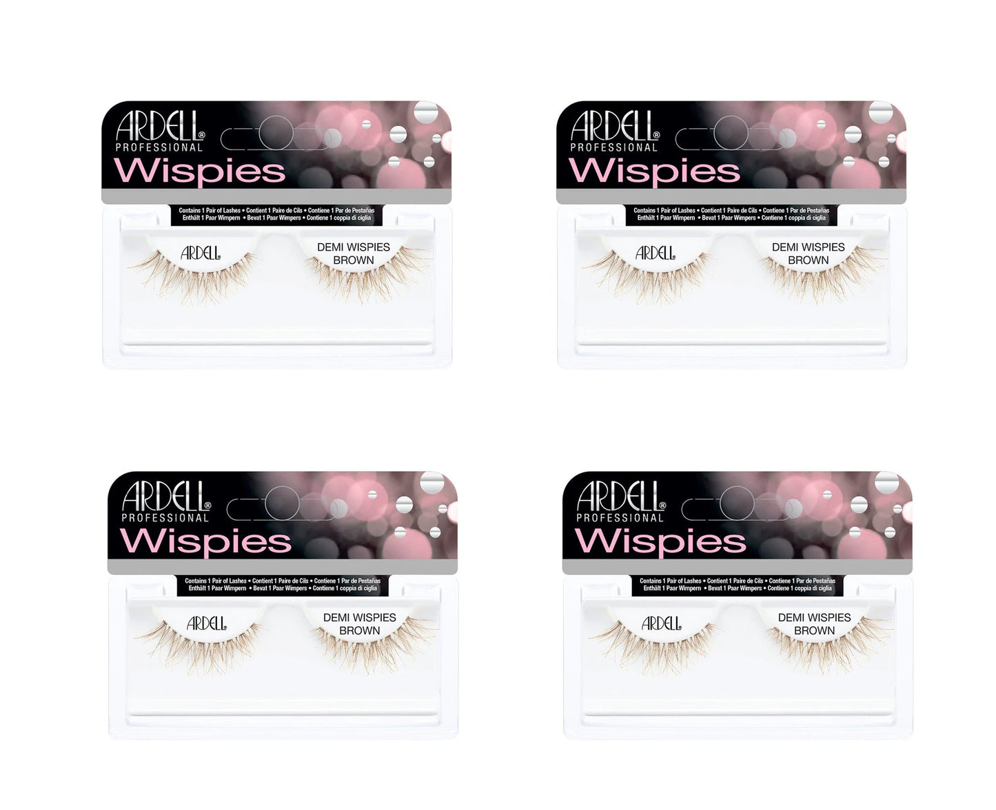 Four packages of Ardell Wispies false eyelashes on a white background