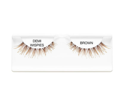 A single pair of Ardell Demi Wispies in Brown color placed in its retail wall hook with some texts on it