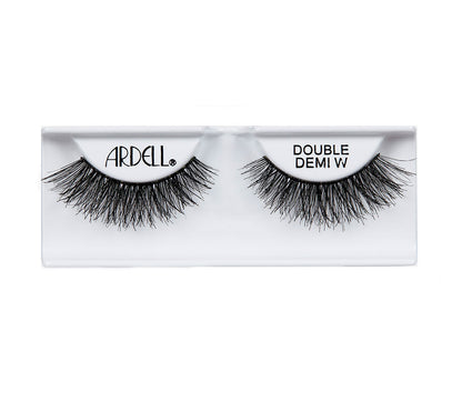 A single pair of Ardell Double Up Demi Wispies placed into its retail wall hook with some texts written on it