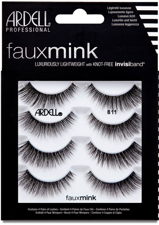 Ardell Faux Mink Lash Multipack 811 with Knot-Free Invisiband, includes four pairs of lightweight, natural-looking lashes.