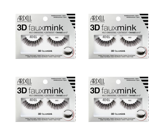 Four packages of Ardell 3D faux mink false eyelashes on a white background