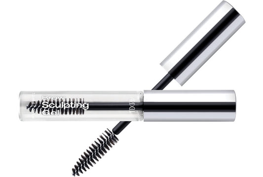 Capped bottle of Ardell Clear Eyebrow Gel that laid on its side with brush cap featured on background