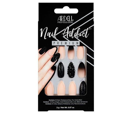 Front view of 2g Ardell Nail Addict black and pink with Studs in packaging