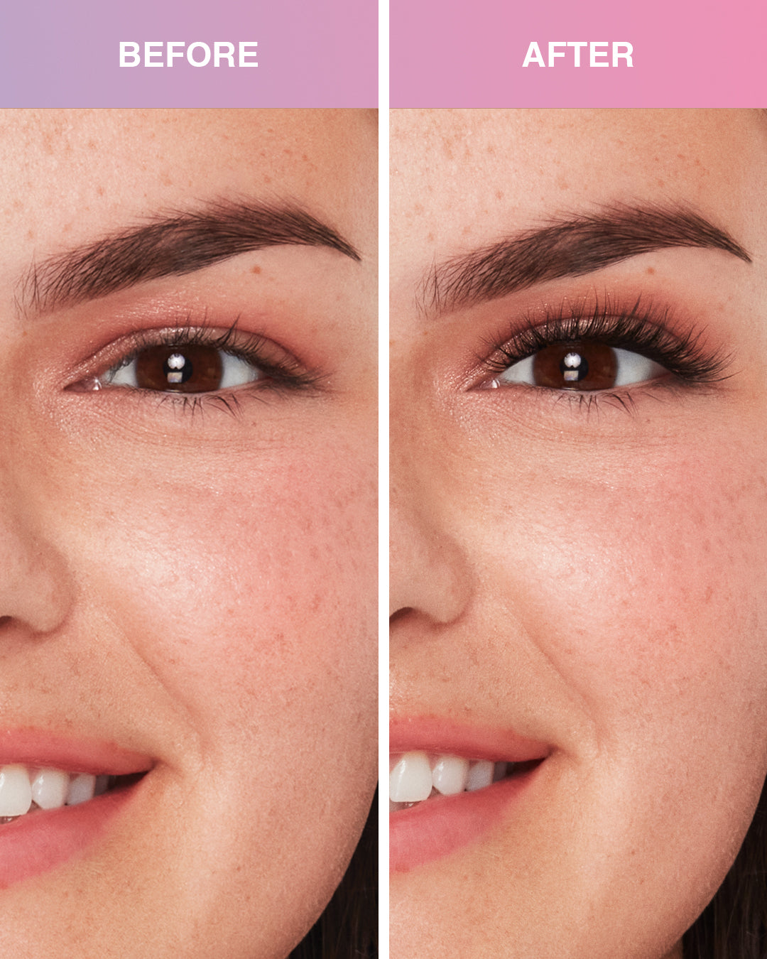 Before and after comparison model using Press On Wispies Natural 30 ct on Almond eyes