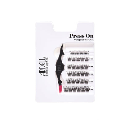 Tray of Ardell Press-On Wispies Natural Lashes, pre-glued and ready to apply lash segments.