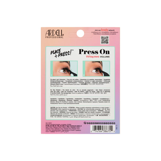 Back of Ardell Press-On Wispies Volume Lashes packaging with how-to and product highlights.
