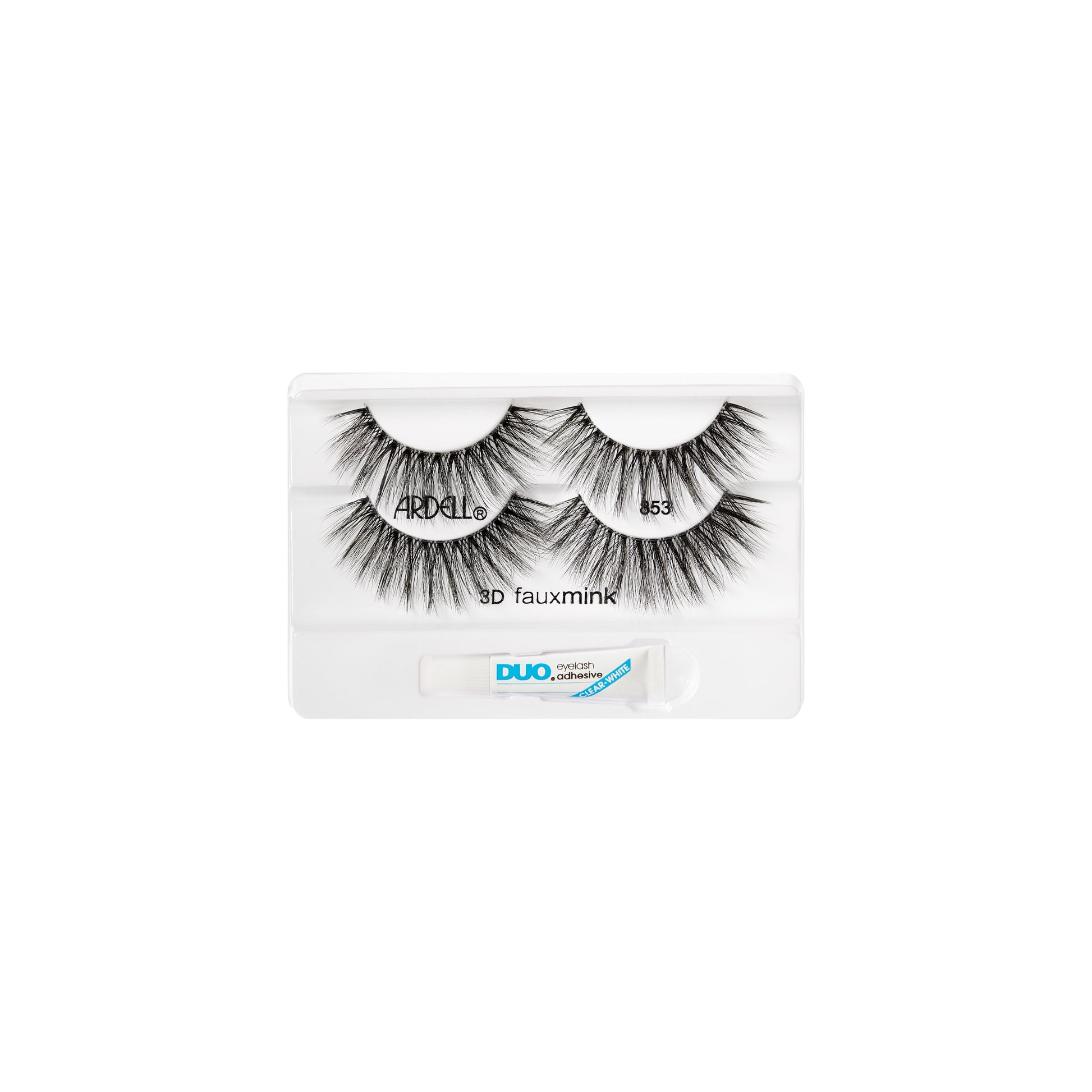 Ardell 3D Faux Mink 853 lashes in tray with bonus DUO adhesive, ideal for bold, fluttery lash definition.