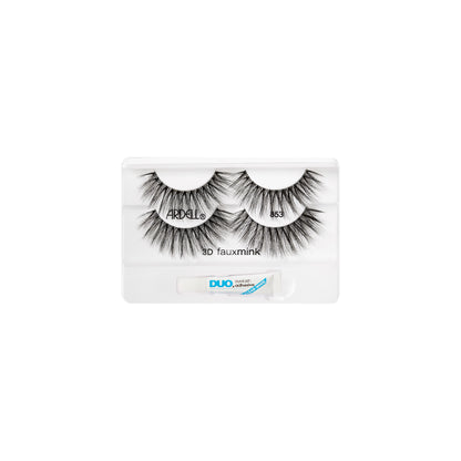 Ardell 3D Faux Mink 853 lashes in tray with bonus DUO adhesive, ideal for bold, fluttery lash definition.