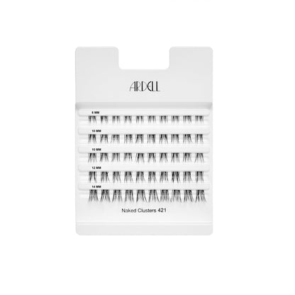 Naked Clusters 421 tray showing multiple rows of lash clusters in various lengths