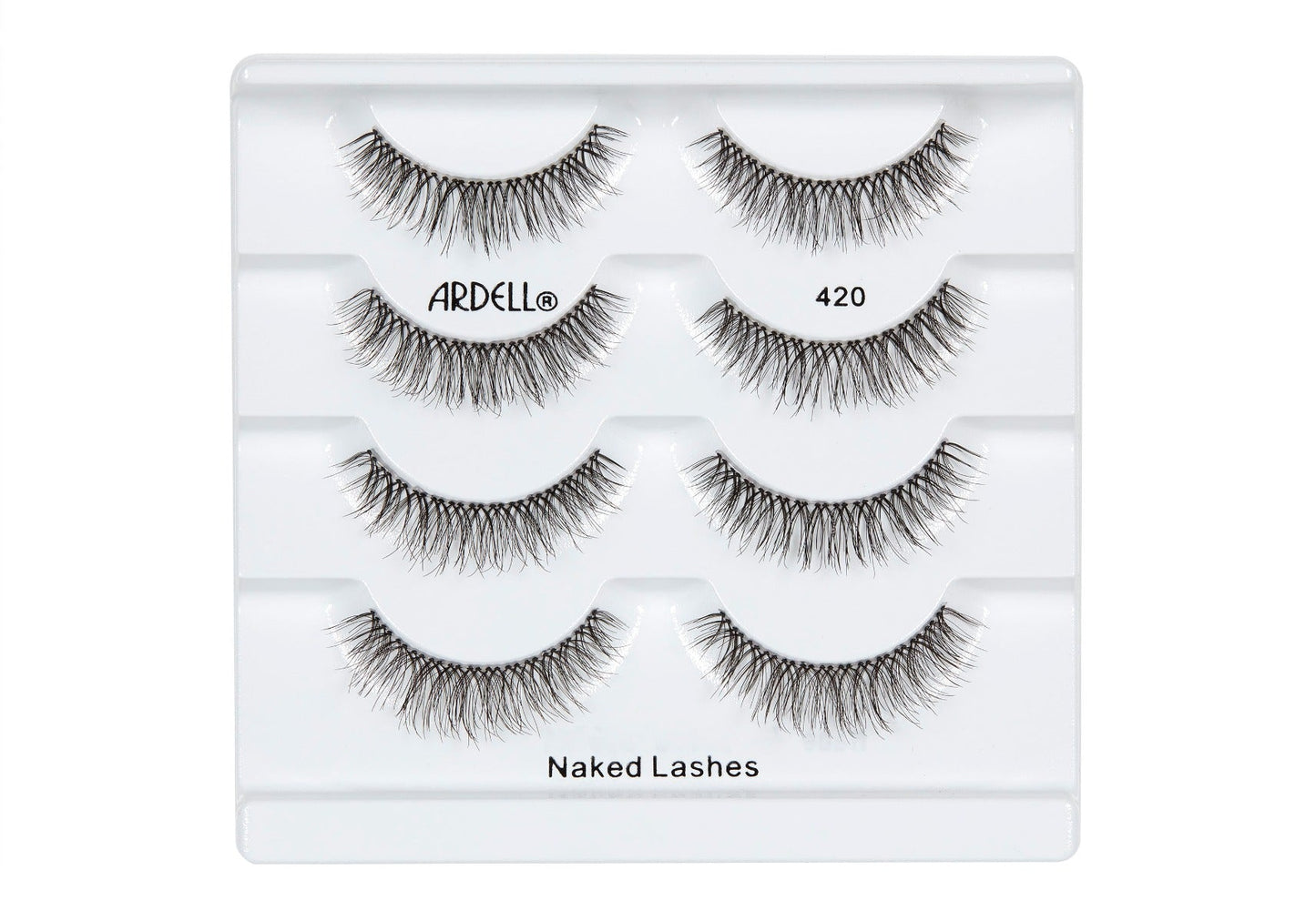 4 pairs of Ardell Naked Lash 420 faux lashes in inner multipack packaging labeled "Ardell", "421", & "Naked Lashes"