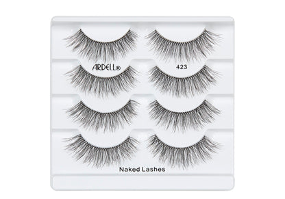 4 pairs of Ardell Naked Lash 423 faux lashes in inner multipack packaging labeled "Ardell", "423", & "Naked Lashes"