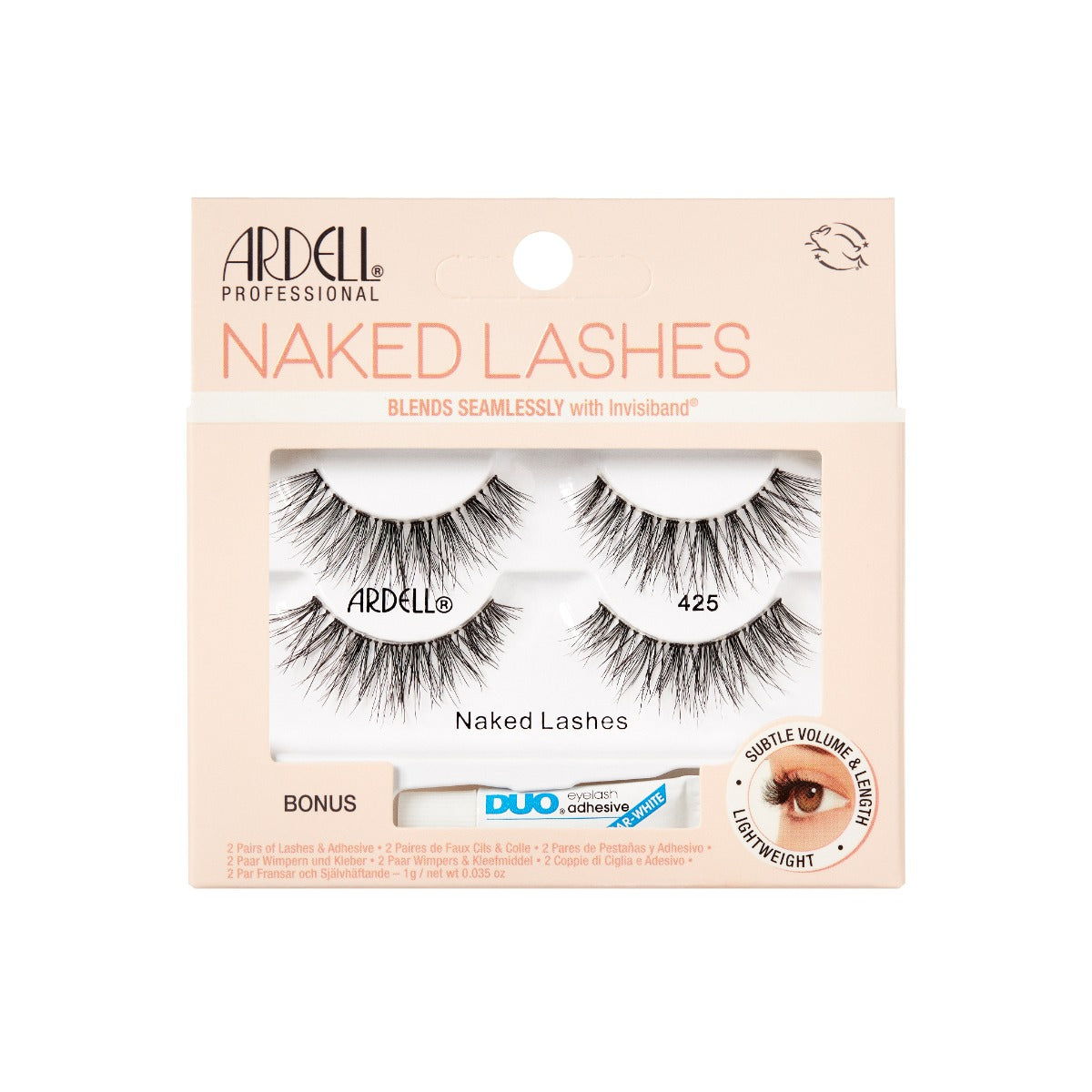 Frontage of Ardell Naked Lashes 425 in 2 packs variant retail packwith printed product details and information