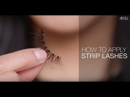 Video thumbnail showing how to apply strip lashes, featuring a close-up of a hand holding a false lash with tutorial text.