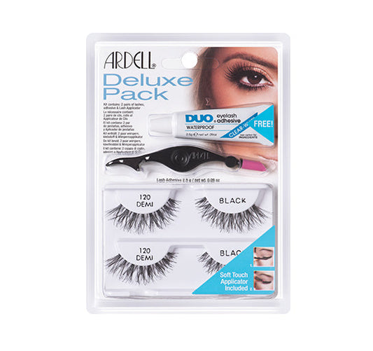 Set of Ardell Deluxe Pack contains two pairs of 120 lashes, DUO adhesive & soft-touch applicator inside its retail packaging
